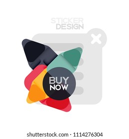 Flat design triangle arrow shape geometric sticker icon, paper style design with buy now sample text, for business or web presentation, app or interface buttons, internet website store banners and