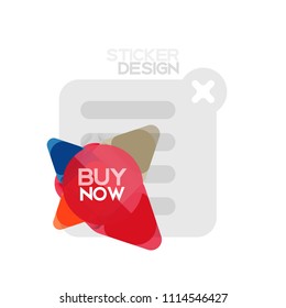 Flat design triangle arrow shape geometric sticker icon, paper style design with buy now sample text, for business or web presentation, app or interface buttons, internet website store banners and