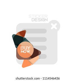Flat design triangle arrow shape geometric sticker icon, paper style design with buy now sample text, for business or web presentation, app or interface buttons, internet website store banners and