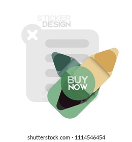 Flat design triangle arrow shape geometric sticker icon, paper style design with buy now sample text, for business or web presentation, app or interface buttons, internet website store banners and