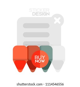 Flat design triangle arrow shape geometric sticker icon, paper style design with buy now sample text, for business or web presentation, app or interface buttons, internet website store banners and