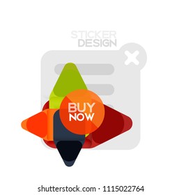 Flat design triangle arrow shape geometric sticker icon, paper style design with buy now sample text, for business or web presentation, app or interface buttons, internet website store banners and
