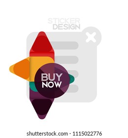 Flat design triangle arrow shape geometric sticker icon, paper style design with buy now sample text, for business or web presentation, app or interface buttons, internet website store banners and