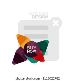 Flat design triangle arrow shape geometric sticker icon, paper style design with buy now sample text, for business or web presentation, app or interface buttons, internet website store banners and