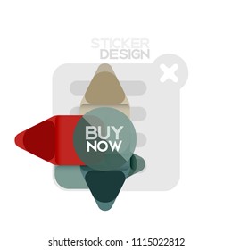 Flat design triangle arrow shape geometric sticker icon, paper style design with buy now sample text, for business or web presentation, app or interface buttons, internet website store banners and