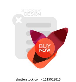 Flat design triangle arrow shape geometric sticker icon, paper style design with buy now sample text, for business or web presentation, app or interface buttons, internet website store banners and