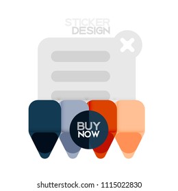 Flat design triangle arrow shape geometric sticker icon, paper style design with buy now sample text, for business or web presentation, app or interface buttons, internet website store banners and