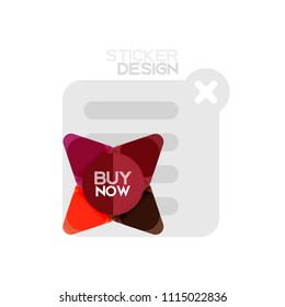 Flat design triangle arrow shape geometric sticker icon, paper style design with buy now sample text, for business or web presentation, app or interface buttons, internet website store banners and