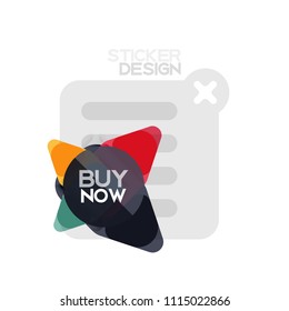 Flat design triangle arrow shape geometric sticker icon, paper style design with buy now sample text, for business or web presentation, app or interface buttons, internet website store banners and