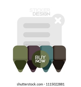 Flat design triangle arrow shape geometric sticker icon, paper style design with buy now sample text, for business or web presentation, app or interface buttons, internet website store banners and