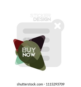 Flat design triangle arrow shape geometric sticker icon, paper style design with buy now sample text, for business or web presentation, app or interface buttons, internet website store banners and