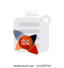 Flat design triangle arrow shape geometric sticker icon, paper style design with buy now sample text, for business or web presentation, app or interface buttons, internet website store banners and