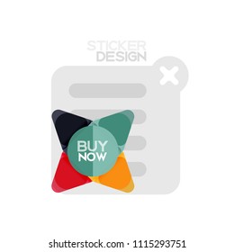 Flat design triangle arrow shape geometric sticker icon, paper style design with buy now sample text, for business or web presentation, app or interface buttons, internet website store banners and