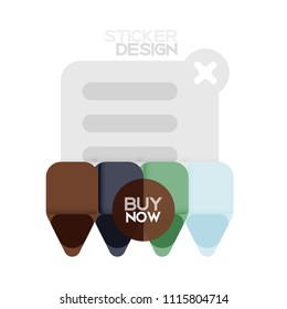 Flat design triangle arrow shape geometric sticker icon, paper style design with buy now sample text, for business or web presentation, app or interface buttons, internet website store banners and