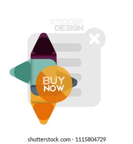 Flat design triangle arrow shape geometric sticker icon, paper style design with buy now sample text, for business or web presentation, app or interface buttons, internet website store banners and