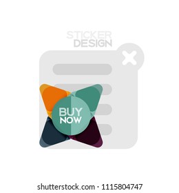 Flat design triangle arrow shape geometric sticker icon, paper style design with buy now sample text, for business or web presentation, app or interface buttons, internet website store banners and