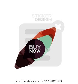 Flat design triangle arrow shape geometric sticker icon, paper style design with buy now sample text, for business or web presentation, app or interface buttons, internet website store banners and
