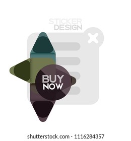 Flat design triangle arrow shape geometric sticker icon, paper style design with buy now sample text, for business or web presentation, app or interface buttons, internet website store banners and