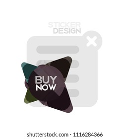 Flat design triangle arrow shape geometric sticker icon, paper style design with buy now sample text, for business or web presentation, app or interface buttons, internet website store banners and
