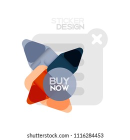 Flat design triangle arrow shape geometric sticker icon, paper style design with buy now sample text, for business or web presentation, app or interface buttons, internet website store banners and