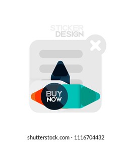 Flat design triangle arrow shape geometric sticker icon, paper style design with buy now sample text, for business or web presentation, app or interface buttons, internet website store banners and