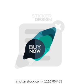 Flat design triangle arrow shape geometric sticker icon, paper style design with buy now sample text, for business or web presentation, app or interface buttons, internet website store banners and