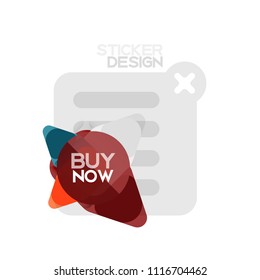 Flat design triangle arrow shape geometric sticker icon, paper style design with buy now sample text, for business or web presentation, app or interface buttons, internet website store banners and