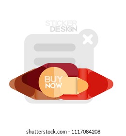 Flat design triangle arrow shape geometric sticker icon, paper style design with buy now sample text, for business or web presentation, app or interface buttons, internet website store banners and