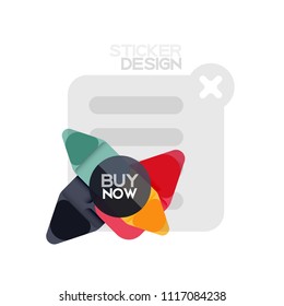 Flat design triangle arrow shape geometric sticker icon, paper style design with buy now sample text, for business or web presentation, app or interface buttons, internet website store banners and