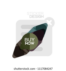 Flat design triangle arrow shape geometric sticker icon, paper style design with buy now sample text, for business or web presentation, app or interface buttons, internet website store banners and