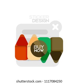 Flat design triangle arrow shape geometric sticker icon, paper style design with buy now sample text, for business or web presentation, app or interface buttons, internet website store banners and
