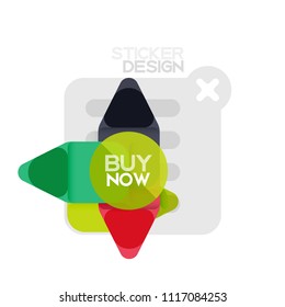 Flat design triangle arrow shape geometric sticker icon, paper style design with buy now sample text, for business or web presentation, app or interface buttons, internet website store banners and