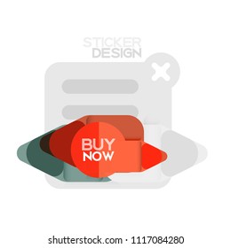 Flat design triangle arrow shape geometric sticker icon, paper style design with buy now sample text, for business or web presentation, app or interface buttons, internet website store banners and