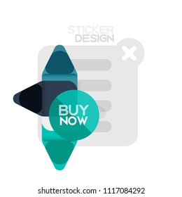 Flat design triangle arrow shape geometric sticker icon, paper style design with buy now sample text, for business or web presentation, app or interface buttons, internet website store banners and