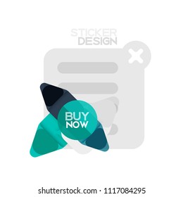 Flat design triangle arrow shape geometric sticker icon, paper style design with buy now sample text, for business or web presentation, app or interface buttons, internet website store banners and