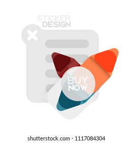 Flat design triangle arrow shape geometric sticker icon, paper style design with buy now sample text, for business or web presentation, app or interface buttons, internet website store banners and