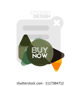 Flat design triangle arrow shape geometric sticker icon, paper style design with buy now sample text, for business or web presentation, app or interface buttons, internet website store banners and