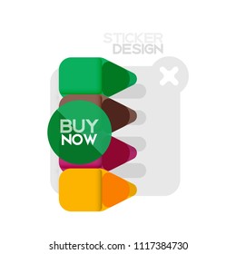 Flat design triangle arrow shape geometric sticker icon, paper style design with buy now sample text, for business or web presentation, app or interface buttons, internet website store banners and
