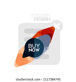 Flat design triangle arrow shape geometric sticker icon, paper style design with buy now sample text, for business or web presentation, app or interface buttons, internet website store banners and