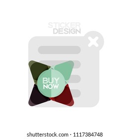 Flat design triangle arrow shape geometric sticker icon, paper style design with buy now sample text, for business or web presentation, app or interface buttons, internet website store banners and