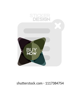 Flat design triangle arrow shape geometric sticker icon, paper style design with buy now sample text, for business or web presentation, app or interface buttons, internet website store banners and