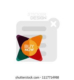 Flat design triangle arrow shape geometric sticker icon, paper style design with buy now sample text, for business or web presentation, app or interface buttons, internet website store banners and