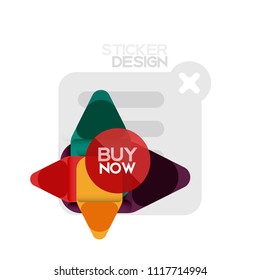 Flat design triangle arrow shape geometric sticker icon, paper style design with buy now sample text, for business or web presentation, app or interface buttons, internet website store banners and