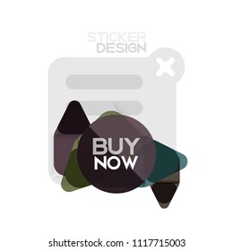Flat design triangle arrow shape geometric sticker icon, paper style design with buy now sample text, for business or web presentation, app or interface buttons, internet website store banners and