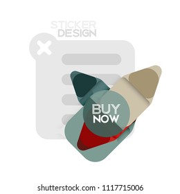Flat design triangle arrow shape geometric sticker icon, paper style design with buy now sample text, for business or web presentation, app or interface buttons, internet website store banners and