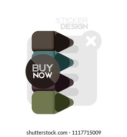 Flat design triangle arrow shape geometric sticker icon, paper style design with buy now sample text, for business or web presentation, app or interface buttons, internet website store banners and
