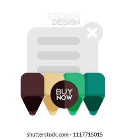 Flat design triangle arrow shape geometric sticker icon, paper style design with buy now sample text, for business or web presentation, app or interface buttons, internet website store banners and