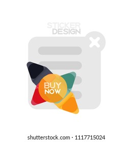 Flat design triangle arrow shape geometric sticker icon, paper style design with buy now sample text, for business or web presentation, app or interface buttons, internet website store banners and