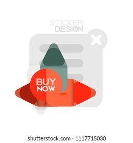 Flat design triangle arrow shape geometric sticker icon, paper style design with buy now sample text, for business or web presentation, app or interface buttons, internet website store banners and