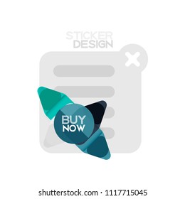 Flat design triangle arrow shape geometric sticker icon, paper style design with buy now sample text, for business or web presentation, app or interface buttons, internet website store banners and